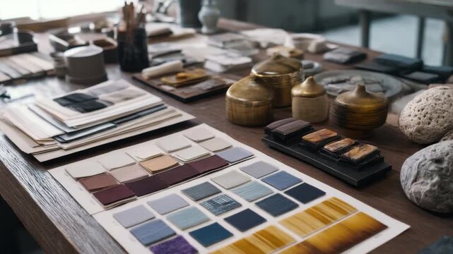 Color Palette Display with Paint Samples, Art Supplies, and Creative Tools on Rustic Wooden Tabletop 4k video footage