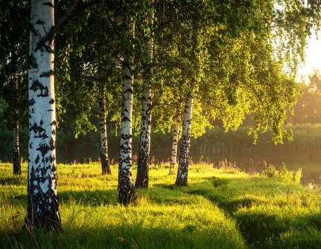 Bright sunlight filtering through birch trees in a grassy field, with hints of water in the background