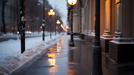 Obraz premium A tranquil winter street scene unfolds with vintage lampposts casting a warm glow on a slick sidewalk after a snowfall. The wet pavement reflects city lights.