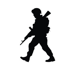 Obraz premium A black silhouette illustration depicting a soldier marching with a rifle and backpack