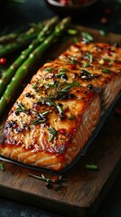 Grilled salmon steak with green asparagus in teriyaki sauce on a wooden table