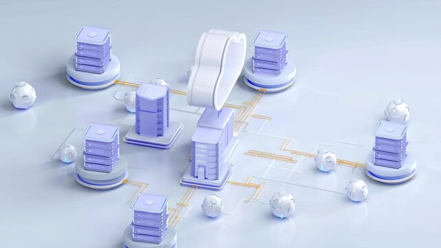 Cloud computing infrastructure managing data storage, server network operations, and digital information processing in an isometric smart technology environment