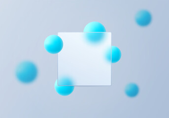 Frosted glass square panel with bright cyan spheres on a soft light background, minimal and modern composition.