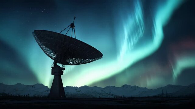 Radio telescope points to the sky with aurora