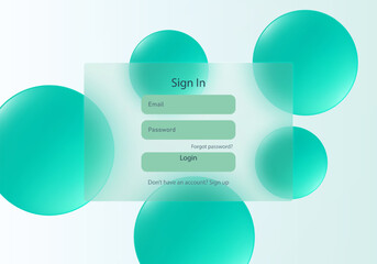 Transparent login panel with soft green gradient spheres and minimal UI elements on a light modern background.