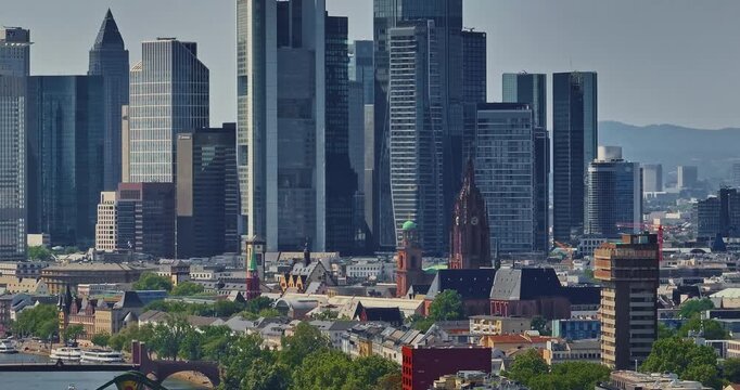 Aerial view of the skyline of Frankfurt, Germany, river Main and the financial skyscrapers 