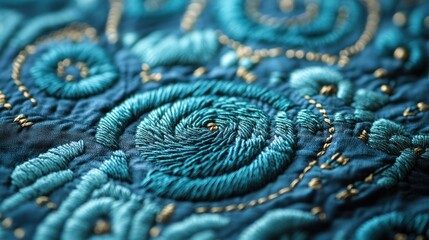 Teal embroidery pattern on handmade fabric