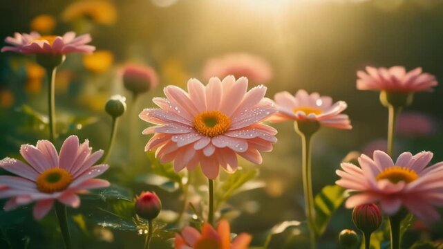 pink cosmos flower, spring flowers flying in the air pattern, pastel colors