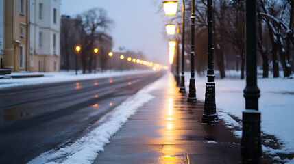 A snowy city street at night glows under a line of vintage-style lampposts. Reflections shimmer on the wet pavement, leading the eye towards distant buildings and trees.
