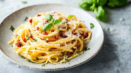 Pumpkin and bacon pasta with grated Parmesan cheese. Homemade pumpkin spaghetti pasta on a gray concrete background, Pumpkin carbonara.