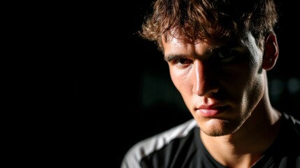 Intense portrait of sweaty young man with dark hair under dramatic low key lighting