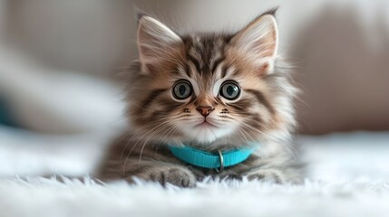 Teal colored pet cat collar on fluffy kitten