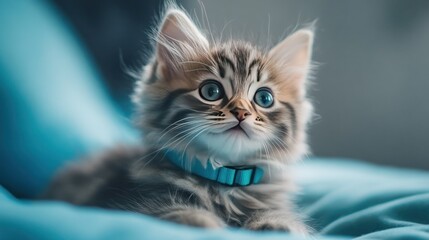 Teal colored pet cat collar on fluffy kitten