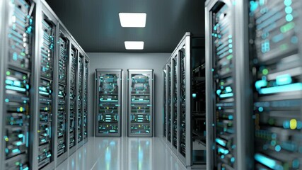 Data center corridor with rows of server racks and blinking lights, representing high tech computing, cloud technology, networking, and digital infrastructure capabilities server room - Powered by Adobe