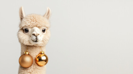 Christmas llama with fluffy fur and golden ornament balls creates festive joyful holiday atmosphere on white background