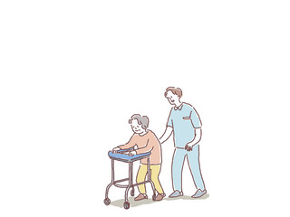 歩行器で歩く高齢女性と付き添う男性（看護師、理学療法士、介護福祉士）