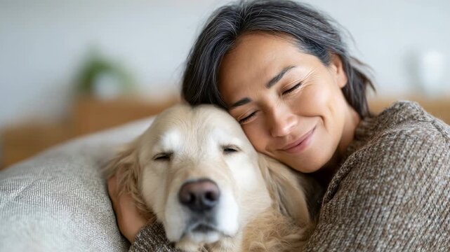 Affectionate mature asian woman gently cuddling her golden retriever on the sofa at home, both smiling with eyes closed in a moment of pure bliss, serenity, and unconditional love