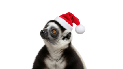 Black and White Ruffed Lemur wearing Red Santa Hat looking up isolated PNG with Transparent Background