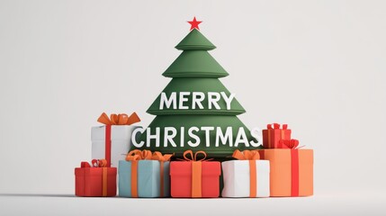 Festive Christmas Tree with Presents and Merry Christmas Sign in Minimalist Style