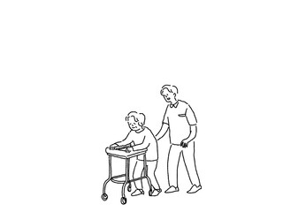 歩行器で歩く高齢女性と付き添う男性（看護師、理学療法士、介護福祉士）、線画