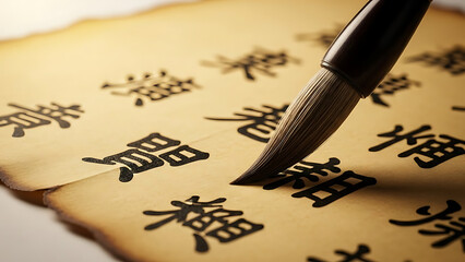 Chinese Calligraphy Brushstroke on Aged Parchment Captures the Art of Writing with Ink