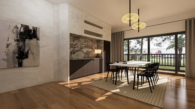Modern dining room conceptual interior rendering