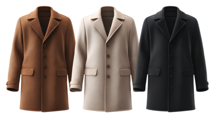 Set of three men's classic overcoats in solid plain colors including brown light beige and black shades