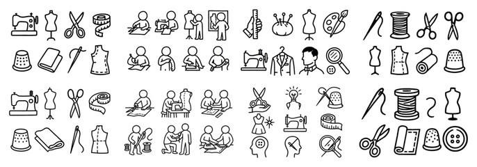 Sewing and tailoring icons: tools and activities