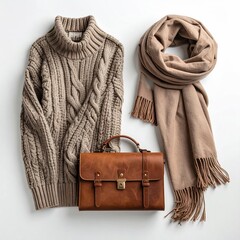 Beige cable knit sweater, scarf, and satchel.  Flat lay of stylish autumnal apparel