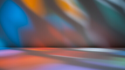 Abstract stained glass light on wall. Light background for product presentation with colorful reflections and shadows on wall.	