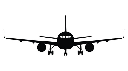 A striking black silhouette of a commercial airplane viewed from the front with landing gear extended
