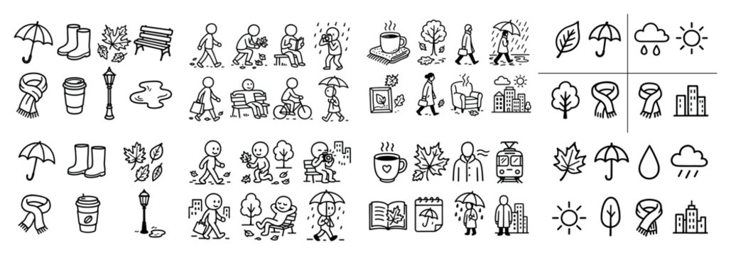Autumn stick figures with seasonal activities