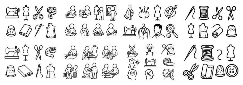 Sewing and tailoring icons: tools and activities