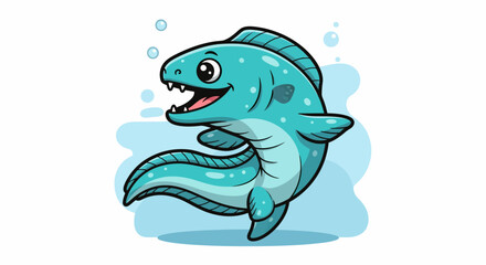 Fototapeta premium Cartoon illustration of a friendly aquatic dinosaur creature smiling happily underwater.