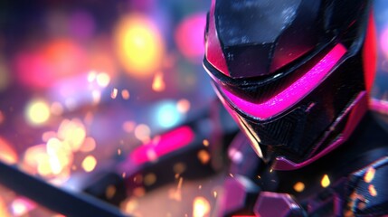 Futuristic warrior with glowing visor in action in a vibrant urban setting