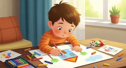 A young boy in an orange striped shirt draws at a wooden table in a room with a window, creating art. The child + artist at home.