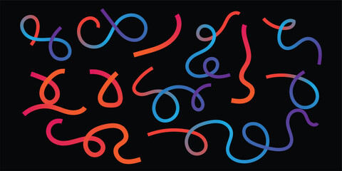 Abstract Neon Glowing Loops and Curves Set on Black | Colorful Vector Swirls, Digital Artistic Knot, Vibrant Rounded Light Trails.