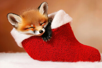 Naklejka premium Adorable fox cub sleeping peacefully in red christmas stocking with white trim on soft surface creating festive cozy atmosphere