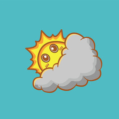 cute shy sun peeking from cloud