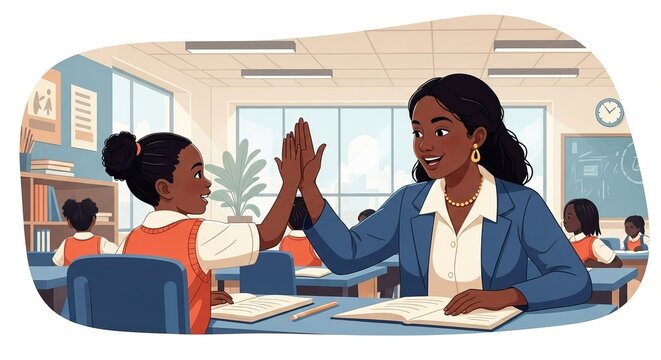 Black teacher and student giving high five in a classroom setting, smiling with books. Teacher giving high five to student in a classroom. - Powered by Adobe