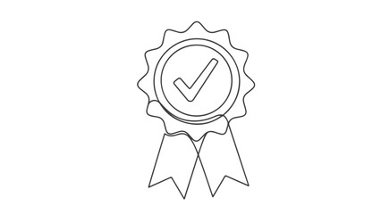 A simple line drawing of a circular badge with a checkmark inside and ribbons hanging below.