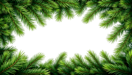 Lush green pine tree branches frame a central black space perfect for holiday greetings or winter design elements