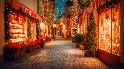 クリスマスのイルミネーションで彩られたヨーロッパ風の石畳の通りと華やかなショーウィンドウ