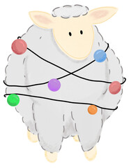 An illustrated sheep adorned with colorful lights, embodying a festive and whimsical atmosphere. The fluffy sheep is wrapped in strings of vibrant lights, giving it a playful appearance