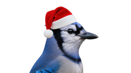 Close-up of a Blue Jay bird wearing a festive red Santa hat isolated PNG with Transparent Background