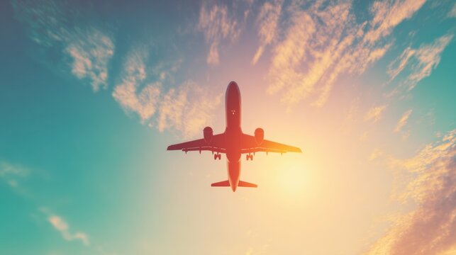 Fototapeta Airplane flies through colorful sky during sunset over cityscape