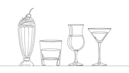 A minimalist line drawing showcasing four distinct types of glassware, each containing a liquid.
