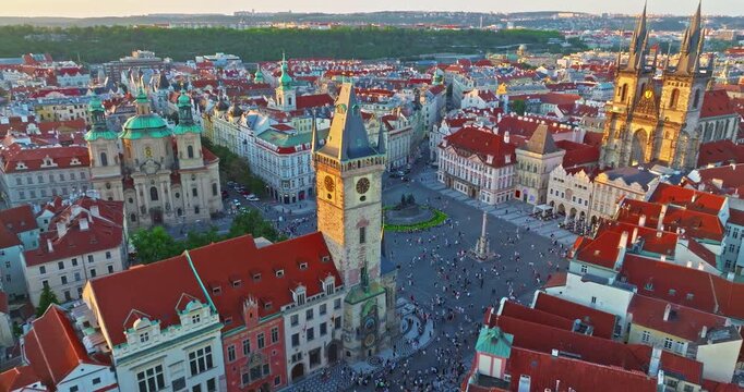 Aerial view of Old Town Square the historic city center of Prague, Czech Republic at sunny day