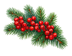 Christmas pine branch with berries isolated on transparent background