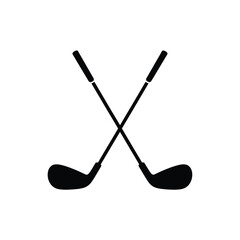 Simple icon of two crossed golf clubs in black silhouette for sports and leisure design